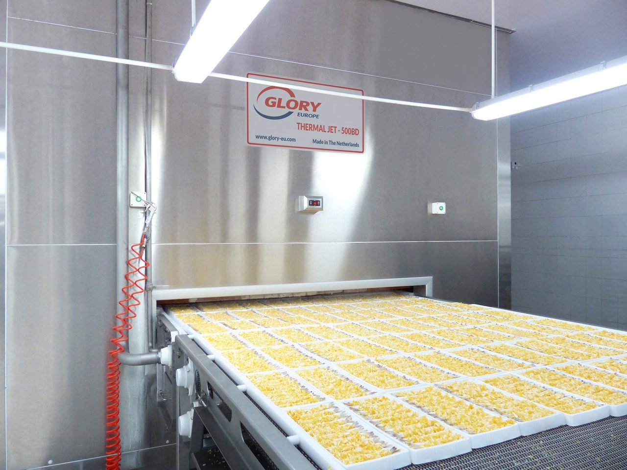 Breaded value-added products entering a GLORY mesh belt freezer